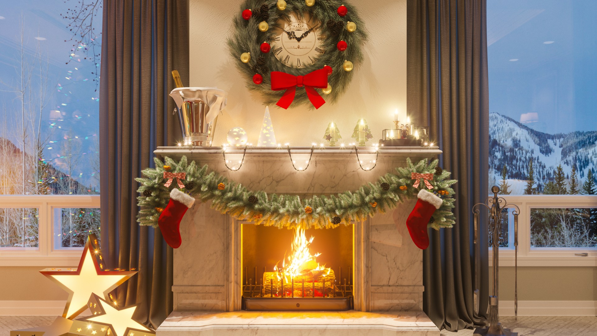 Rustic Christmas Fireplace Desktop Wallpaper